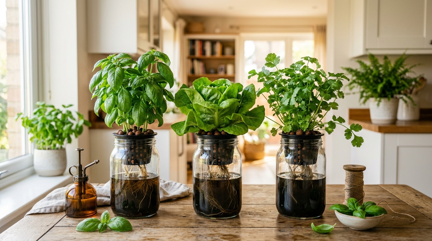 A Kratky passive hydroponics setup with lettuce growing in mason jars filled with green nutrient solution under an LED grow light on a shelf