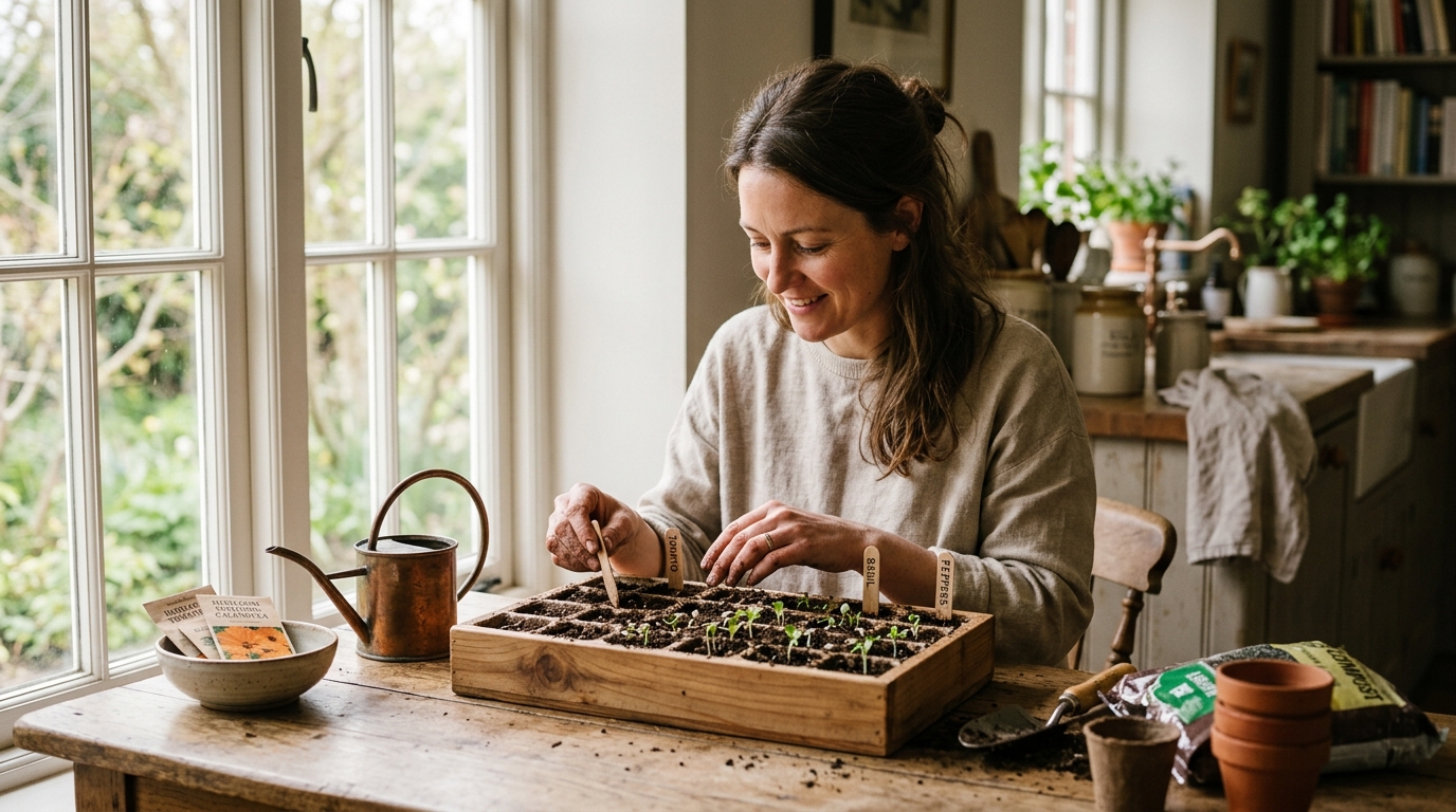 Seed starting trays with sprouting seedlings under grow lights on a wooden table