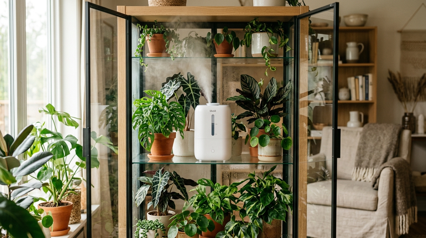 Enclosed glass plant cabinet with tropical ferns and orchids and a small ultrasonic fogger producing mist at the base
