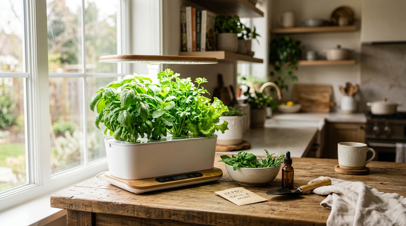 Beginner hydroponic system with herb pods growing under LED lights on a kitchen counter