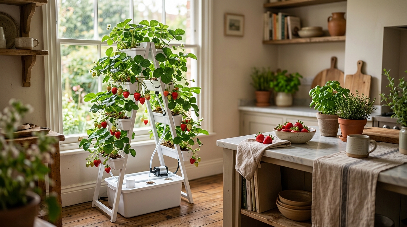 Red ripe strawberries growing in a vertical hydroponic NFT channel system with roots visible in nutrient solution