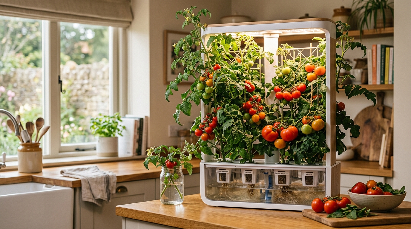 Ripe cherry tomatoes hanging on vines above a hydroponic Dutch bucket system with white nutrient channels