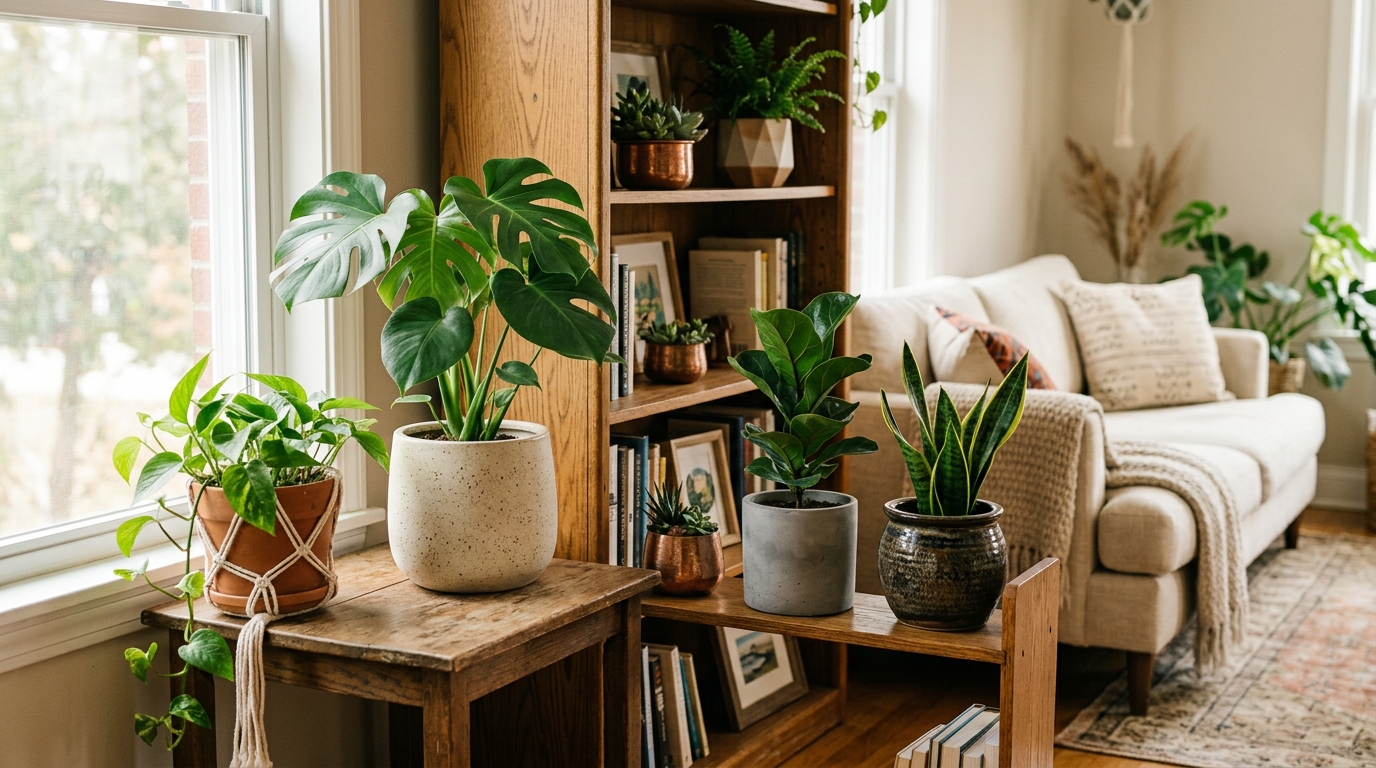 Assortment of modern indoor plant pots — terracotta, matte white ceramic, and concrete-look planters arranged on a wooden shelf with lush tropical houseplants