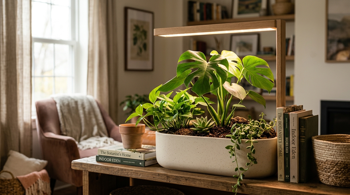 Row of ceramic indoor planters with integrated LED grow lights on a kitchen counter with herbs and small houseplants thriving in a low-light apartment