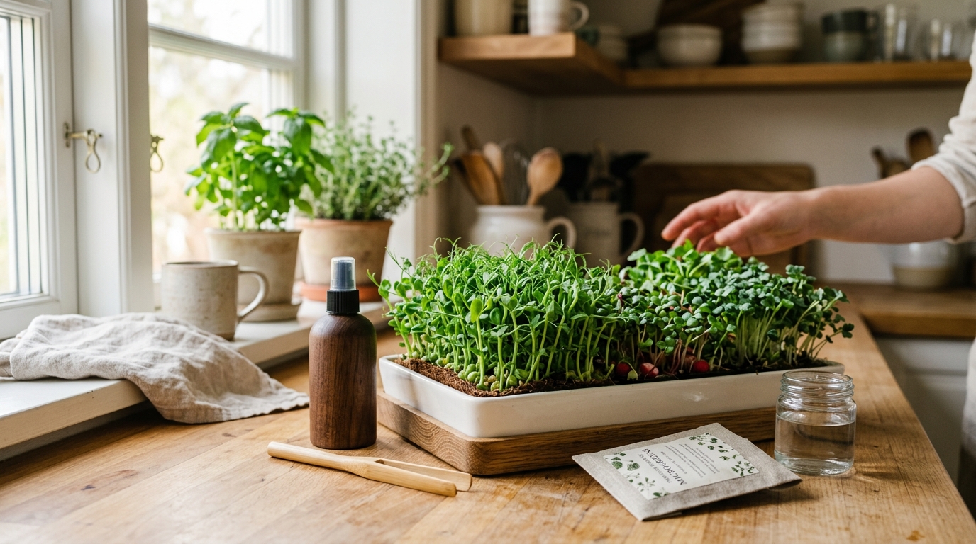 Dense trays of sunflower and radish microgreens at harvest stage on a clean white kitchen counter