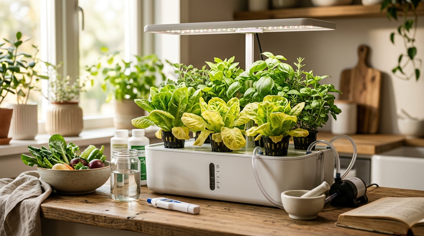 Hydroponic lettuce showing uniform yellowing on lower leaves from nitrogen deficiency next to a bottle of hydroponic nutrients