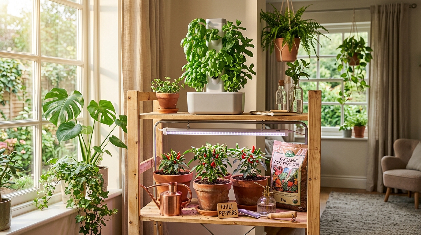 Complete indoor gardening setup: hydroponic tower, terracotta herb pots, LED grow lights, watering can on a wood plant shelf