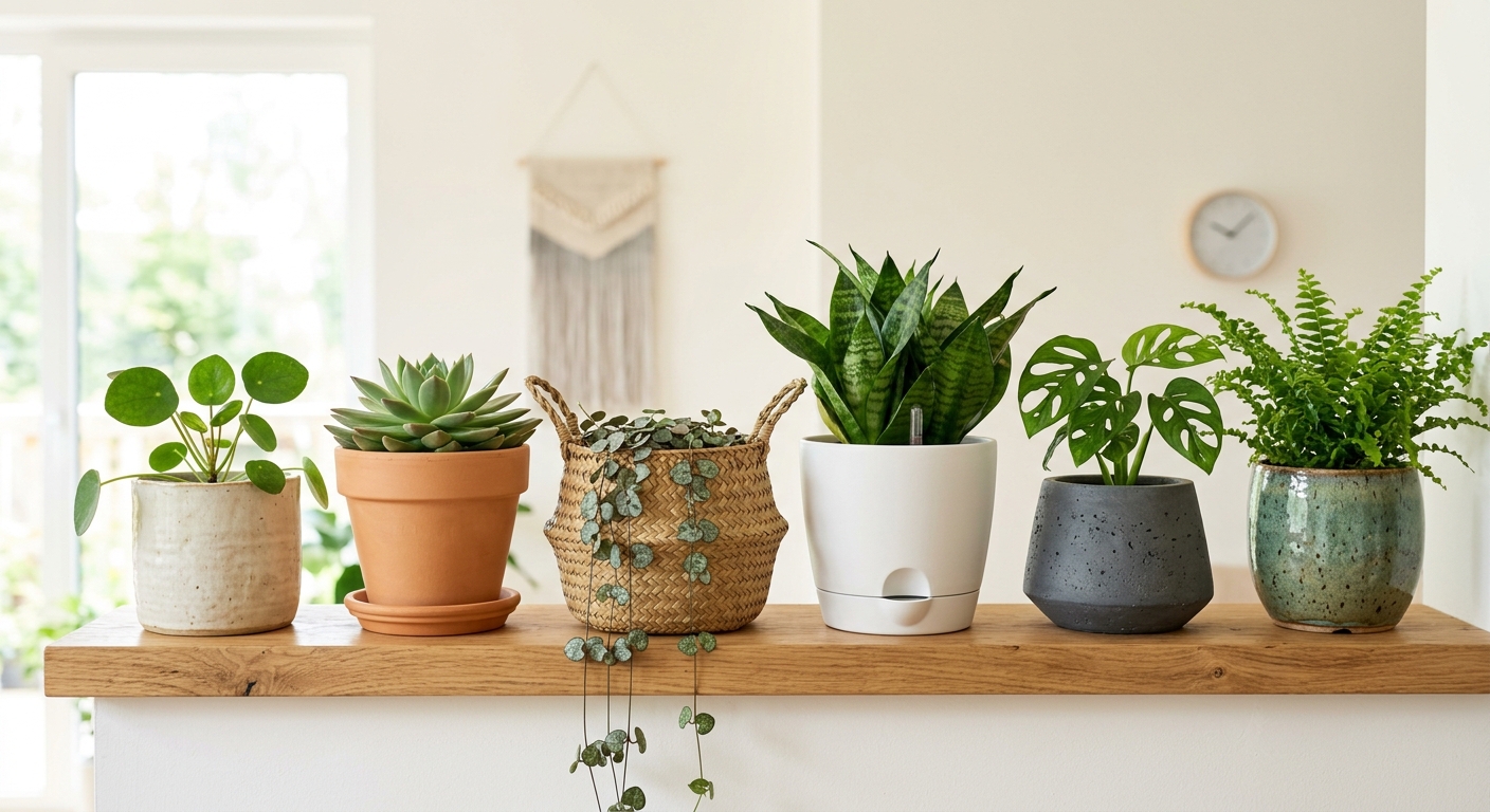 A variety of indoor planters - ceramic, terracotta, woven, and self-watering pots - displayed on a clean wooden shelf with thriving green houseplants under bright natural light