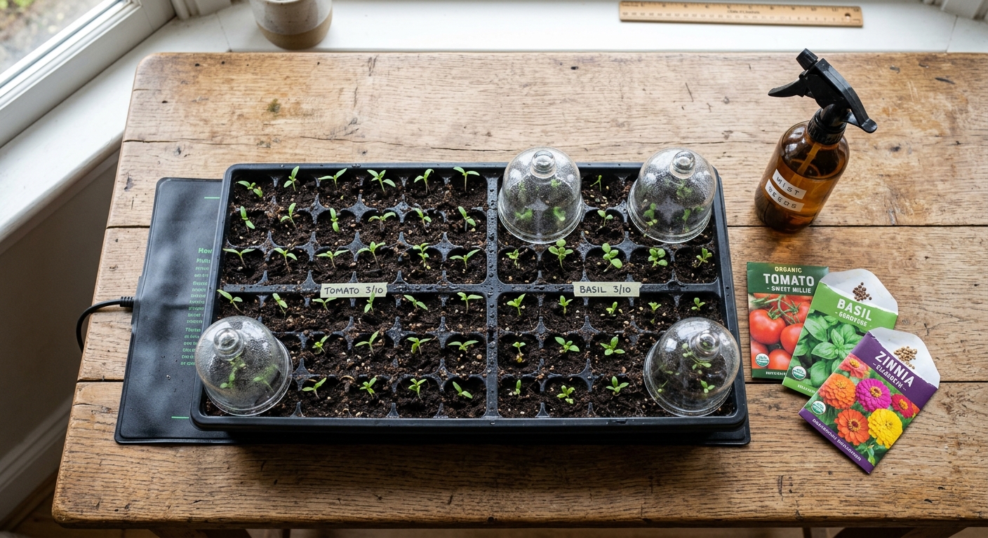 Top-down view of seed starting kit on a wooden table - black plastic seed trays with tiny green sprouts emerging from rich dark soil, glass cloches, small spray bottle, packets of seeds, heat mat visible, in soft natural window light