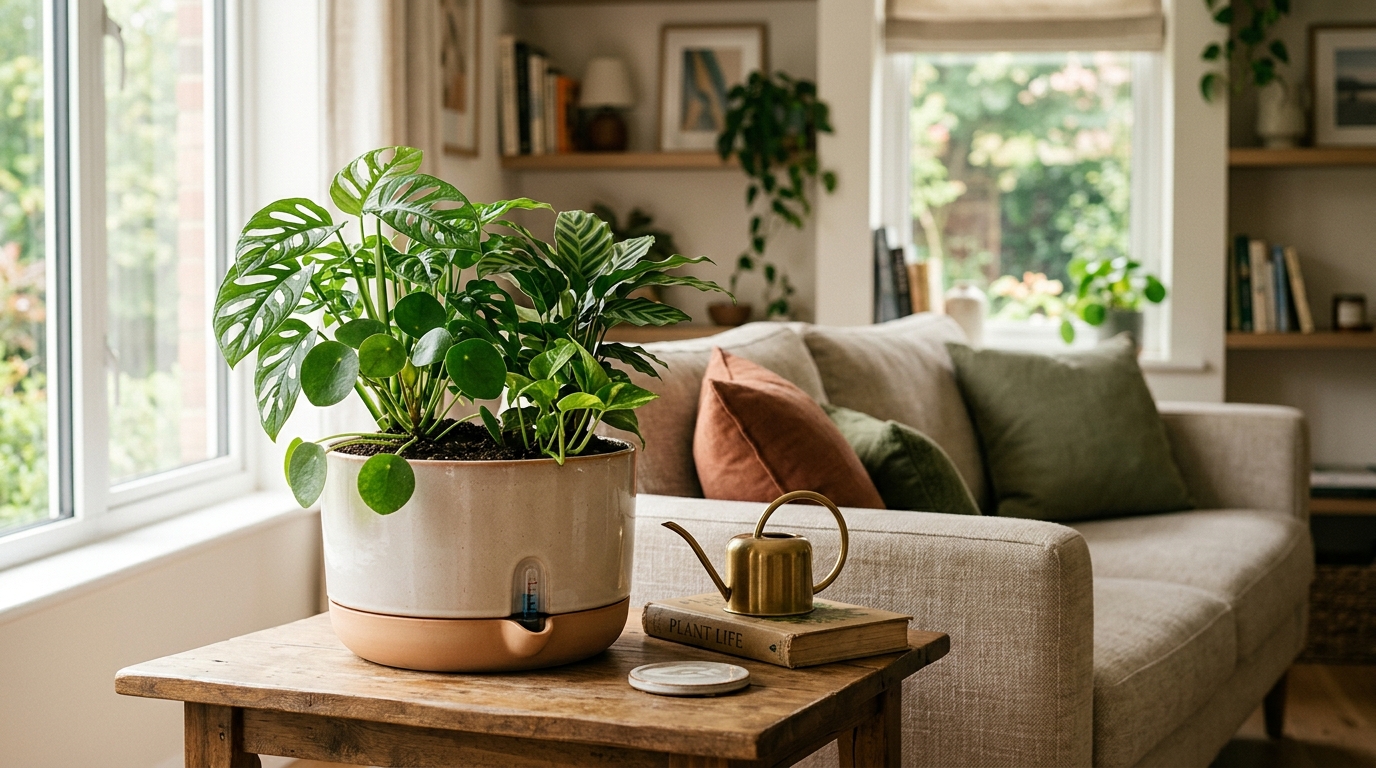 Row of modern self-watering planters with lush herbs and trailing plants on a bright kitchen windowsill