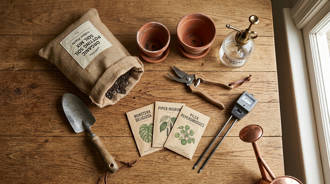 Indoor gardening essentials laid out on wood: terracotta pots, potting soil, mister, pruning shears, seeds, soil meter
