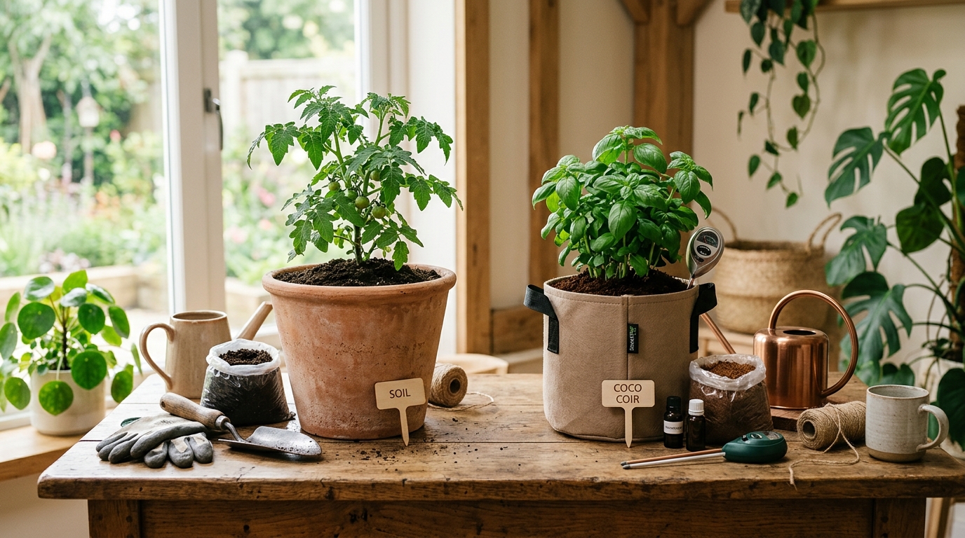 Side-by-side fabric pots showing brown coco coir on the left and dark potting soil on the right with seedlings sprouting