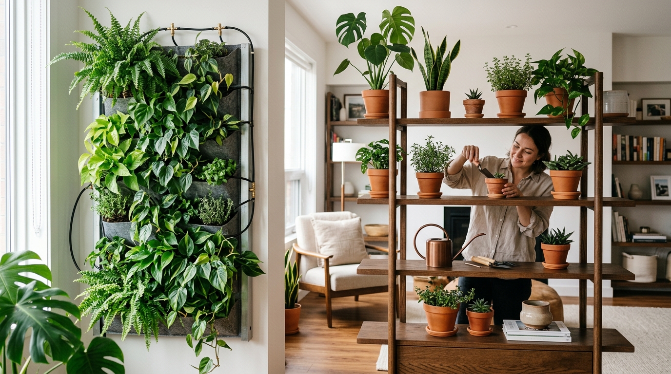 Side-by-side indoor growing setup showing a hydroponic tower garden on the left and a four-tier metal grow shelf with LED bars on the right