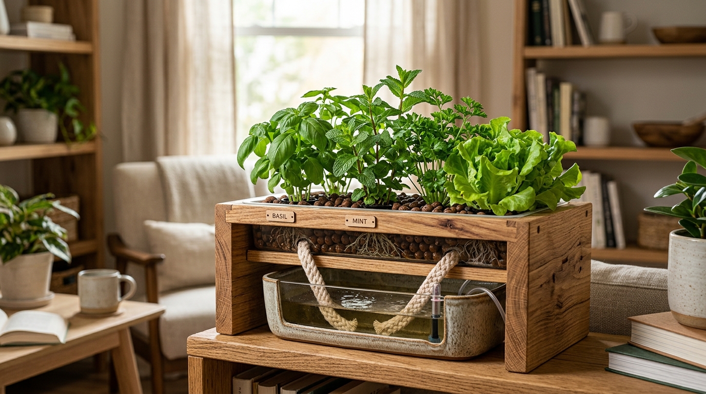 A passive wick hydroponics system with herbs growing in containers filled with coco coir, with cotton wicks running into a dark nutrient reservoir below on a kitchen counter